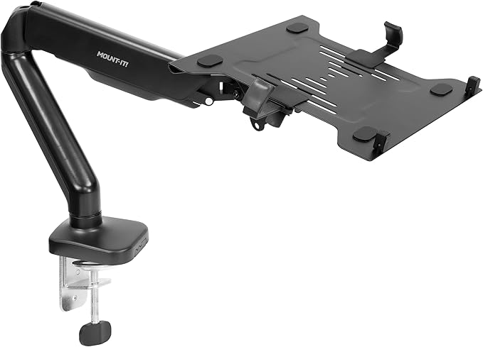 Mount-It! Laptop Desk Mount Arm with Gas Spring, Height Adjustable Laptop Stand for Desk, Fits Laptops up to 17 Inch, Full Motion Laptop Tray Mount with Clamp or Grommet Installation