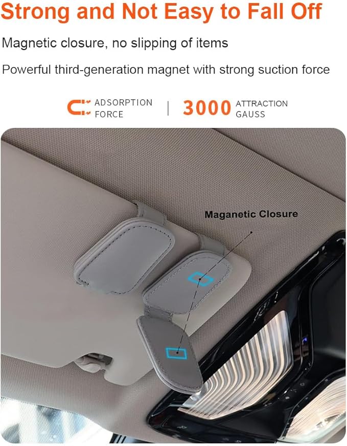 Sunglass Holder for Car, Magnetic Leather Sunglasses Clip for Car Visor, Eyeglass Hanger Clip for Car Sun Visor (Silver Grey 2 Pack)