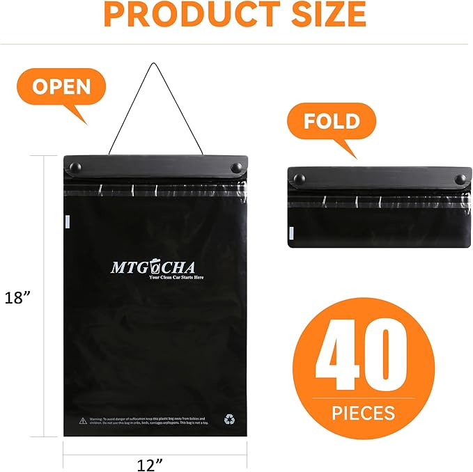 Disposable Car Trash Bags Hanging (Set of 40) - Leak-Proof, Smell-Proof, 18 x 12Inches Recycled Car Garbage Bags, Automobile Trash Container, Road Trip Essentials, Black-Large
