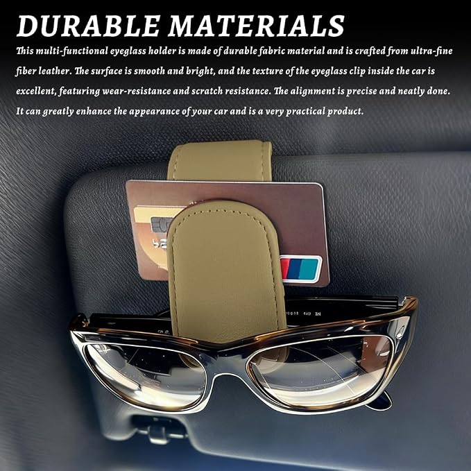 Sunglass Holder for Car, Car Sunglass Holder, Magnetic Leather Sunglasses Holder and Ticket Card Clip, Auto Multi-Functional Sun Visor Eyeglass Holders for SUV Pickup Truck (Beige)