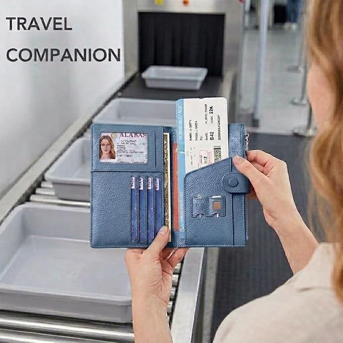 Genuine Leather Passport Holder for Women, RFID Blocking Compact Travel Wallet with Card Slots, Zipper Coin Pocket and SIM Slots, Slim Passport Cover Case, Blue