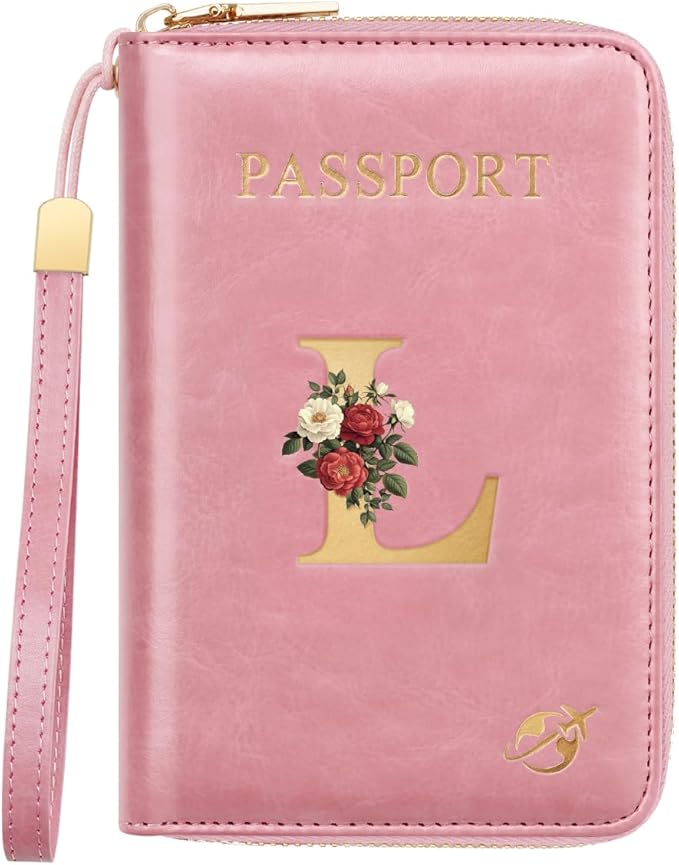 Passport Holder for Travel Personalized Passport Holder Initial Letter Rose Flower RFID Blocking Travel Wallets Credit Cards Holder for Women Men, Pink L