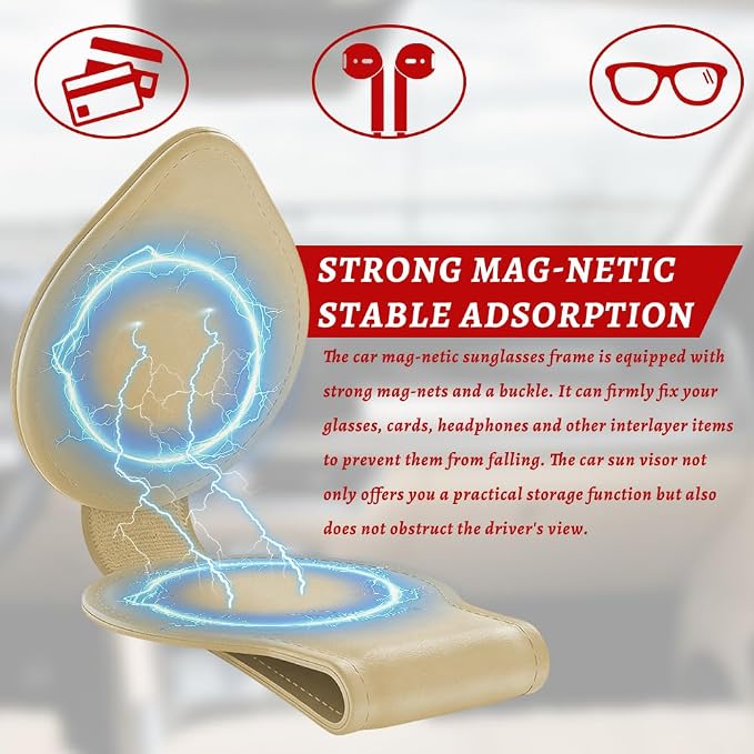 Sunglasses Holders for Car Visor, PU Leather Car Organizer, Magnetic Glasses Holder and Ticket Card Clip, Multi-Functional Auto Sun Visor Eyeglass Holder for Most Vehicles (Beige)