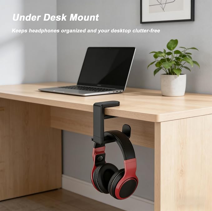 Universal Headphone Stand & Headset Holder - 360° Swivel Under Desk Headphone Hook with Cable Management Clip (Black)