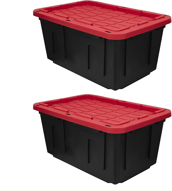 27 Gal Industrial Tote,Pack of 2 red Plastic storage bins with lids for Garage, Basement, or Outdoor,Heavy Duty storage Totes,Black with Red Lid,Stackable & Nestable