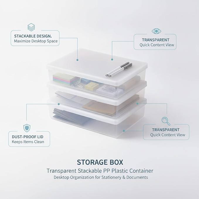Storage Box, Transparent Stackable PP Plastic Container with Lid for Desktop Organization of Stationery and Documents (1 PC)