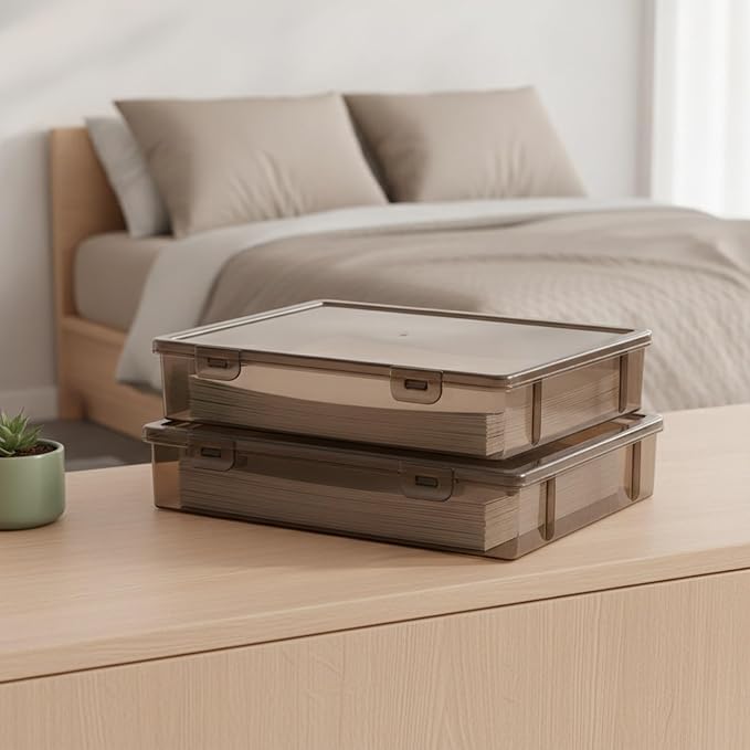 Stackable Document Storage Box with Lid, Rigid PP Plastic File Organizer for Letter & A4 Papers, Brown