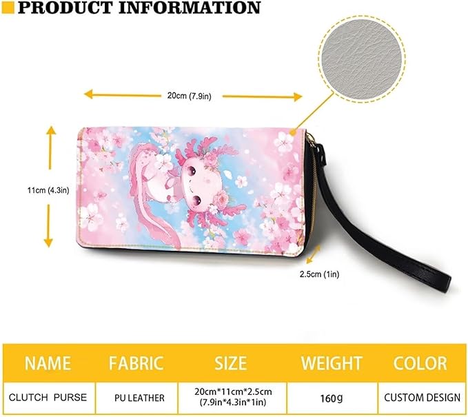 Bulopur Axolotl Wristlet Wallet for Women Cherry Blossom Clutch Purse PU Leather Zipper Credit Card Wallet Coin Cash Holder Ladies Handbags Gifts for Mom Girlfriend