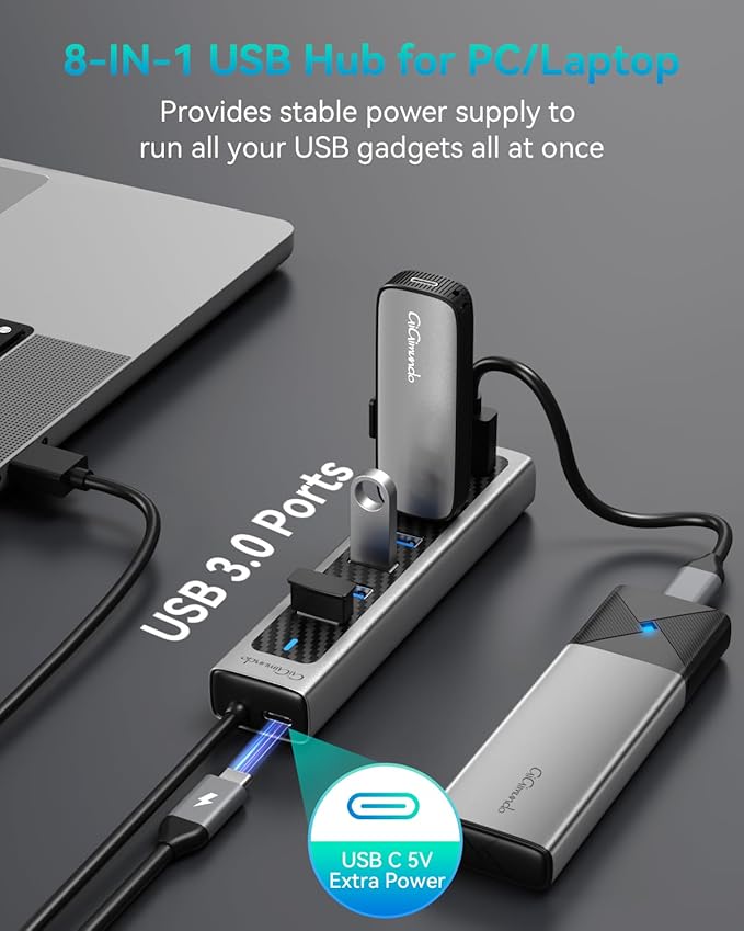 GiGimundo USB 3.0 Hub, 7-Port USB Extender Hub with 3.3FT Long Cable, USB Splitter, Aluminum High-Speed 5Gbps USB Hub for PC, Laptop, Desktop, Computer, PS5, XPS(Gray,1M)