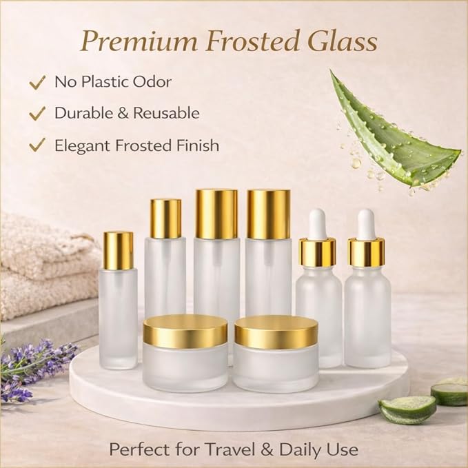 18Pack Glass Travel Bottles for Toiletries, TSA Approved Glass Travel Containers 1.35/0.7/1 oz Golden Small Travel Bottles with Label, BPA Free Leak Proof with Pump Spray Bottles for Makeup, Skincare