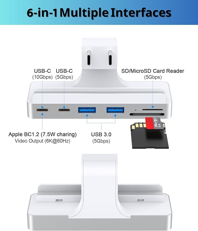 6-in-1 USB C Hub for iMac 24 inch (M1/M3/M4), USB Adapter Multiport with Type-C 10Gbps, SD/TF Card Reader Compatible | iMac Accessories