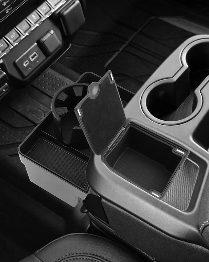 YEE PIN 3-in-1 Front Center Seat Headrest Organizer for 2019 2020 2021 2022 Chevy Silverado Compartment Tray Container Storage Box with Cup Holder Coin for Silverado 2026 Accessories (Jump Seat Only)