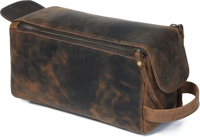 Hindoro Premium Buffalo Leather Travel Toiletry Bag - Unisex Water-Resistant Vintage Travel Pouch Kit, Shaving & Cosmetic Organizer for Men & Women - Compact Bathroom Essentials - Distressed Brown