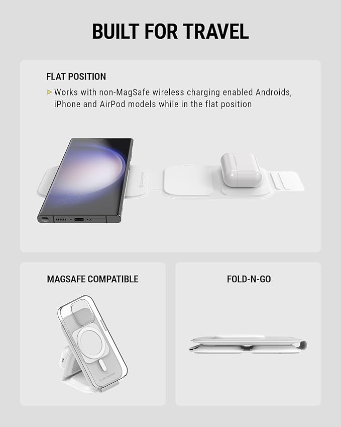 Scosche MSQFG2N1WT MagicMount Travel 2-in-1 Magnetic Dual Wireless Charging Station, Fast Charger Stand w/Foldable Flat Pad, Compatible with MagSafe Apple iPhone 16/15/14/13/12/Pro Max/Airpods, White