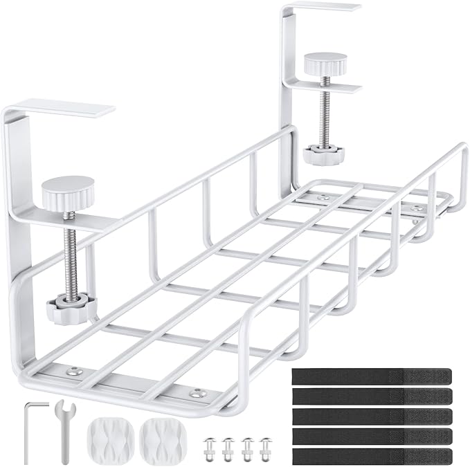 15.7” Under Desk Cable Management Tray, No Drill Heavy Duty Steel Standing Desk Cable Management, Wire Management Tray Cable Rack with Clamp Mount, Adjustable Metal Under Desk Tray (White, 1 Pack)