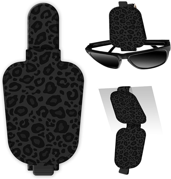 Leather Magnetic Sunglass Holder for Car Sun Visor, Cute Eyeglass Ticket Card Hanger Clip, Universal Auto Interior Accessories for SUV Pickup Truck Black Leopard