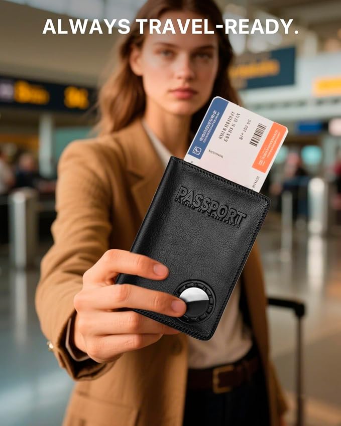 Passport Holder for Travel, Genuine Leather Passport Holder with AirTag Slot, RFID Passport Cover for Airport Essentials, Travel Wallet, Travel Must Haves Gifts