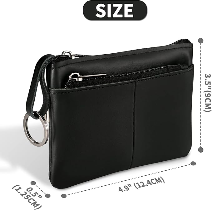 Black Genuine Leather Multi-Functional Wallet - Compact Card Holder, Coin Purse & Key Organizer with 3 Zippers, Built-in Key Ring, Perfect for Travel, Work & Daily Use