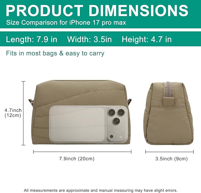 Travel Makeup Bag for Women, Small Cosmetic Bags Organizer Toiletry Bag, Nylon Pouch Travel Essentials Toiletries Accessories Brushes, Khaki
