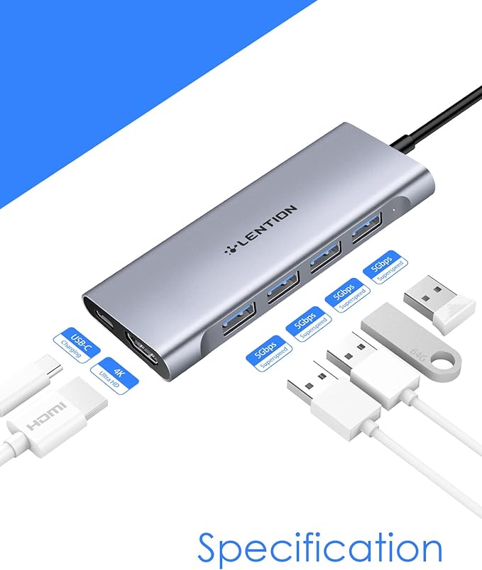 LENTION USB C Hub Multiport Adapter with 4K HDMI, 100W Charging, 4 USB 3.0 5Gbps Splitter Compatible 2016-2026 MacBook Pro/Air/Neo, Mac, Surface, iPhone & Type-C Device, Stable Driver(C35, Space Gray)