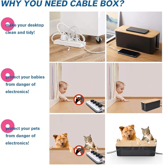 PowerKing Cable Management Boxes Organizer, Bamboo Lid, Large Storage Wires Keeper Holder for Desk, TV, Computer, USB Hub, System to Cover and Hide & Power Strips & Cords (Luxury Black)