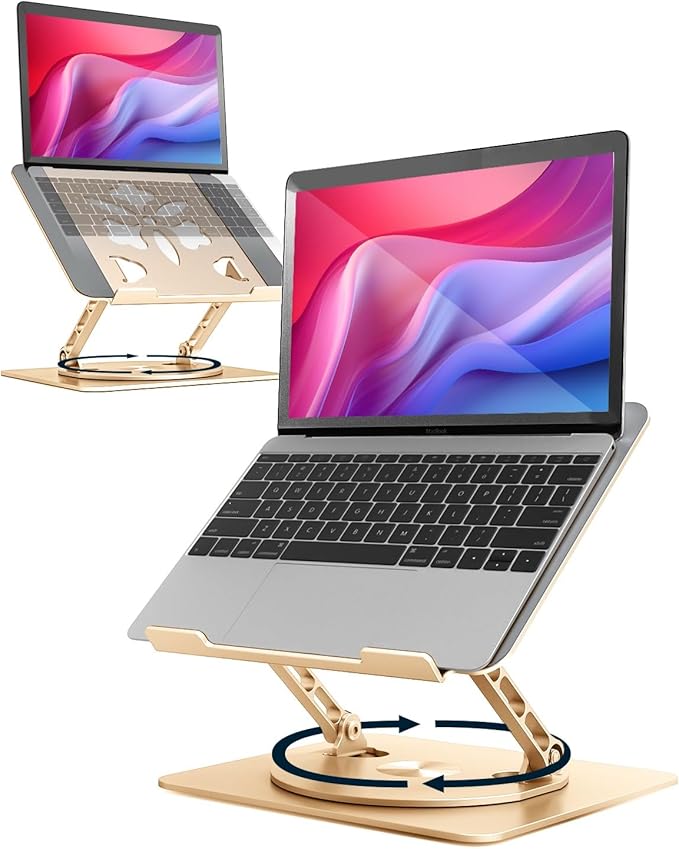 360° Rotating Laptop Stand for Desk | Adjustable, Foldable, Portable Aluminum Ergonomic Riser | Compatible with MacBook, Dell, HP & All Laptops 10-16 inch | Gold