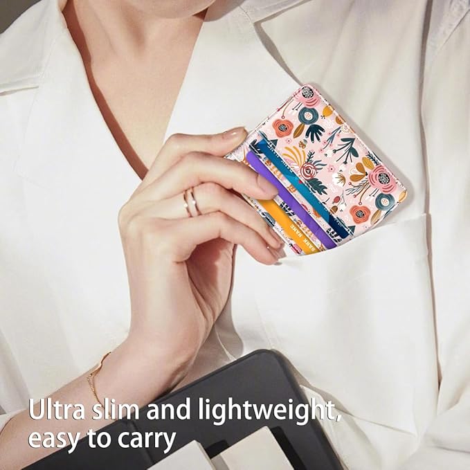 Slim Minimalist Front Pocket RFID Blocking Credit Card Holder Small Wallet Cute Card Cases for Women,Pink Flowers