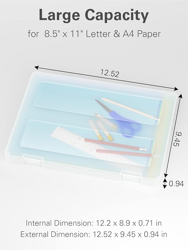 4-Pack A4 Plastic Paper Organizer Box, Scrapbook Storage for 8.5” x 11” Letter Papers, Portable Document Holder, Photo Storage Box Sticker Art Supplies Organizers, 12.2” x 8.9” x 0.7” Inner Size