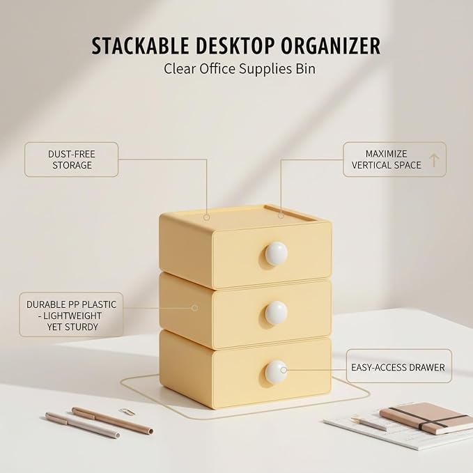 Stackable Desktop Storage Box with Lid, PP Plastic Organizer Bin for Office Desk Clutter, Space Saving File & Supply Container