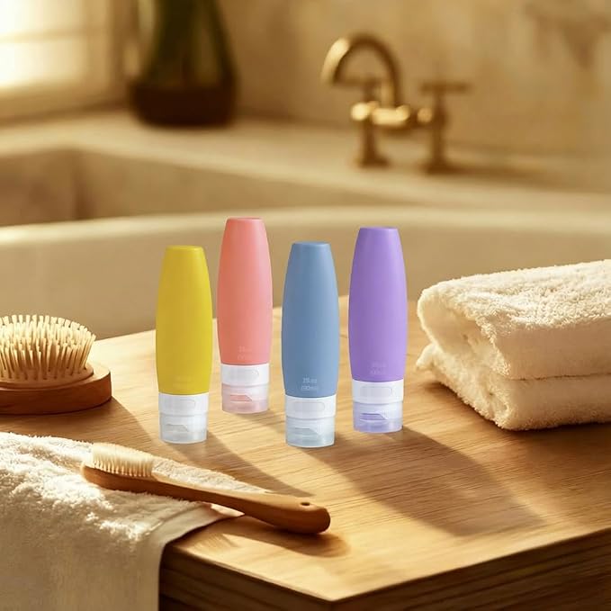 4 PCS Silicone Travel Bottles, 3oz Refillable Toiletries Containers Set, Small Empty Travel Size Bottles for Shampoo, Lotion, Shower Gel (Bright)