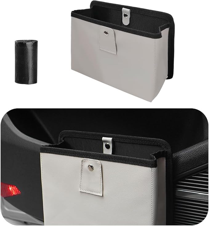 Yourkar Car Trash Can, Foldable Waterproof Leather Car Garbage Organizer Holder, Automotive Mini Dustbin Container with One Roll Trash Bag, Universal Interior Car Accessories (Beige, M)