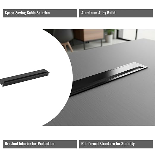 Desktop Cable Management Cover for Desk Organization - Aluminum Alloy Cable Box with Brush Seal (Black, 8.0x40.0x2.8 cm)