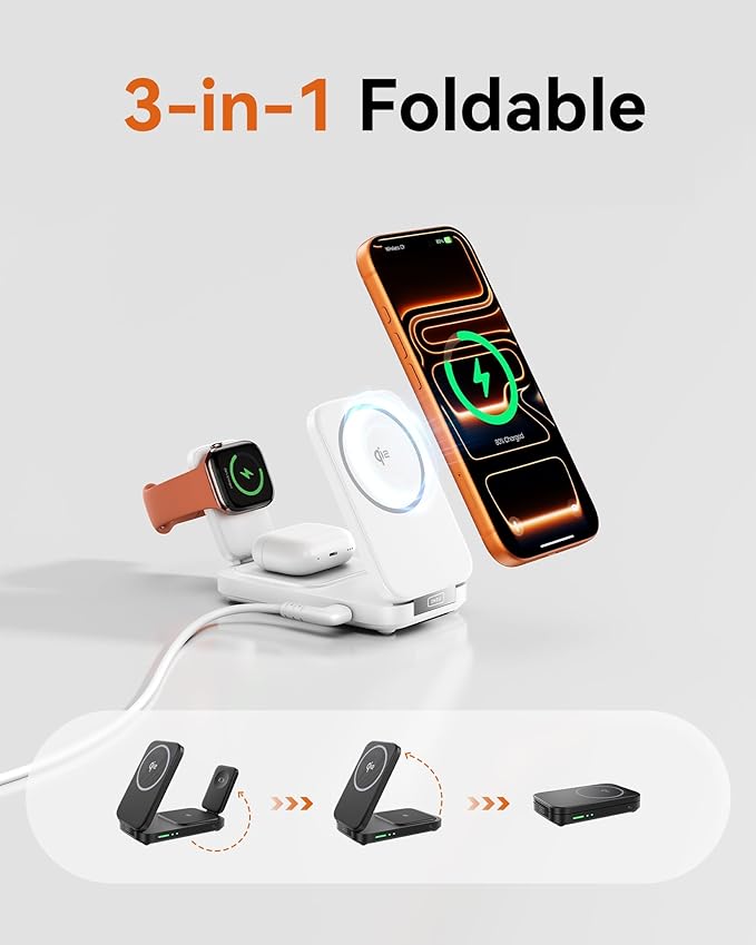 INIU Foldable Magnetic Wireless Charger, Qi2 Certified 3-in-1 Travel Charging Station with 15W Fast Charge - Compatible with Mag-Safe for iPhone 17/16/15 Series, Apple Watch, AirPods (White)