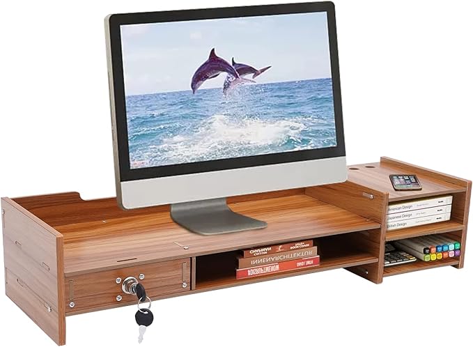 YIYIBYUS Computer Monitor Stand Riser Desk Laptop Organizer Stand with Drawer Desktop Storage Organizer Shelf for Office, Home Computers PC Monitors