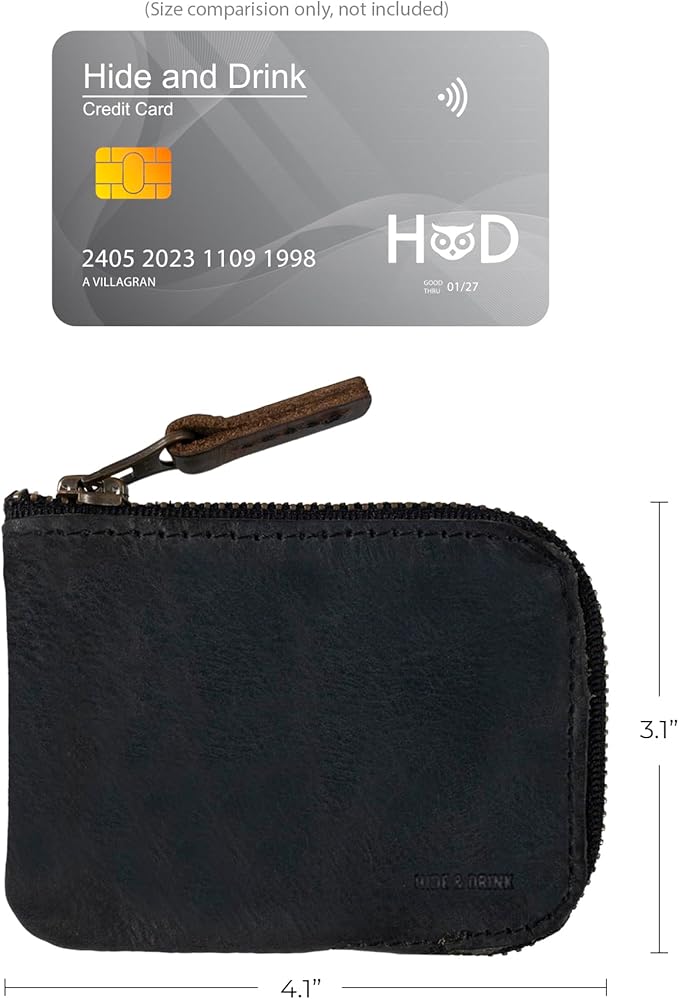 Hide & Drink, Full Grain Leather Zippered Card Wallet for Men and Women, Coin Pouch, Money Holder, Pocket Organizer, Handmade, Charcoal Black