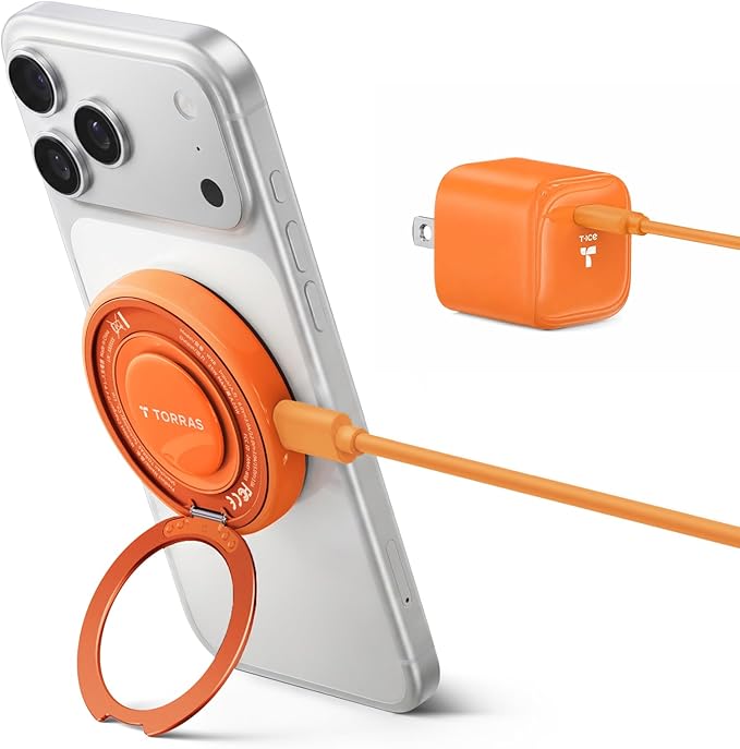 TORRAS Qi2.2 25W Wireless Charger, Magnetic Charger for Phone 17 16 15 14 13, Samsung Galaxy S26 S25, Phone Wireless Charger, Phone Charger Stand with Cable and Plug, Orange