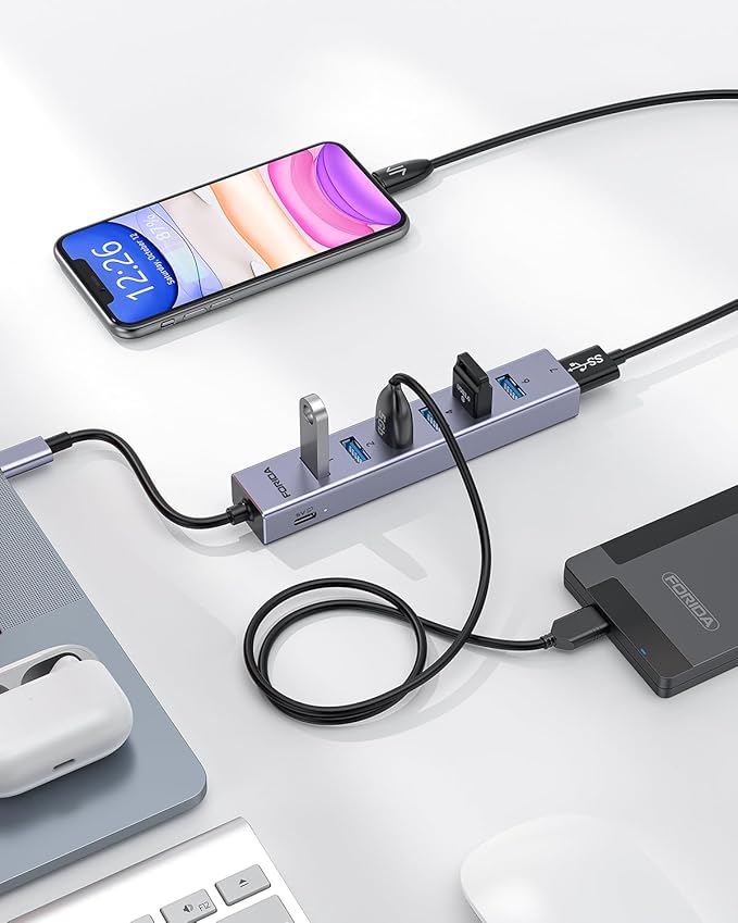 FORIDA USB C Hub-8 Port USB HUB with 7 USB3.0 Data Ports,Aluminum Alloy USBC Splitter with Type C 5V/3A Power Port Compatible with MacBook, iPad, Surface Pro, XPS, Laptop,PC (Gray,USB C-9.8in)