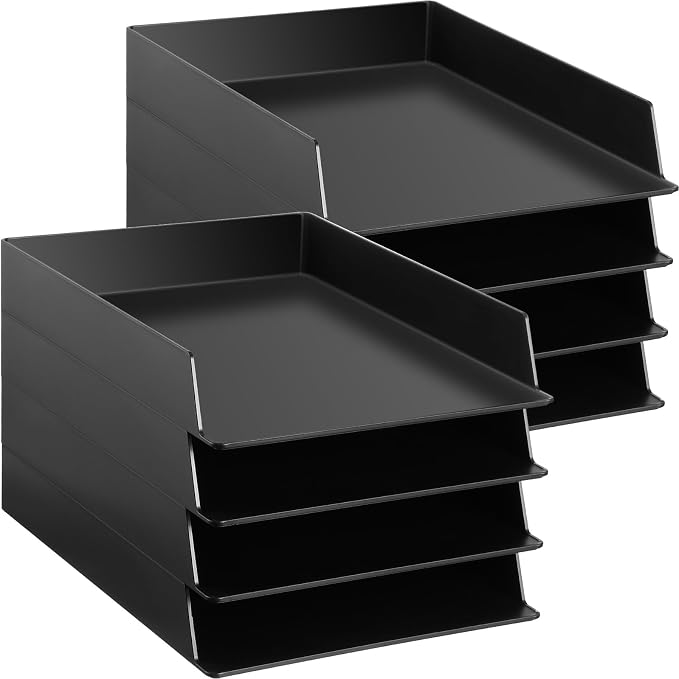 Wenqik 8 Pcs Stackable Paper Trays Rectangular Plastic Desk Holder Desktop Document File Organizer Storage Letter for Office Classroom (Black)