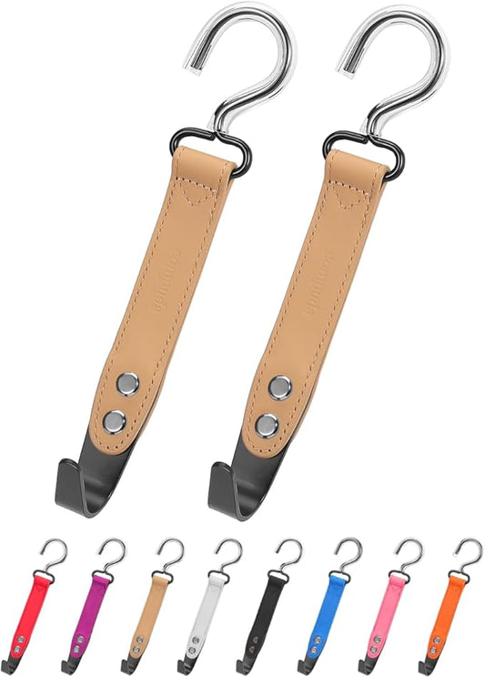 2-Pack Car Hook Holder - Leather Headrest Hooks for Purses & Bags, SUS304 (Light Brown)