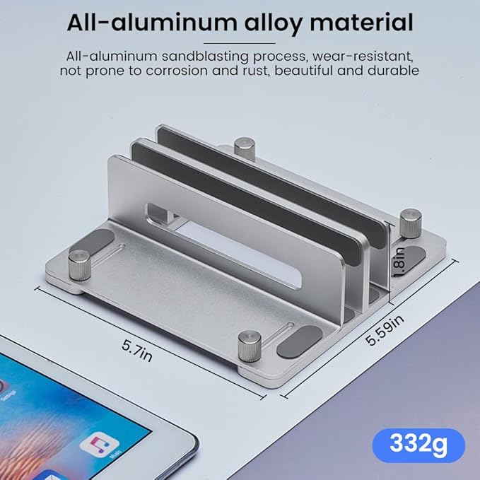 HomeBeyond Aluminum Vertical Laptop Stand for Desk, Adjustable Dual Slot Holder(up to 1.73 inches), Compatible with MacBook Pro, MacBook Air and Other Laptop - Save Space & Improve Airflow, Silver
