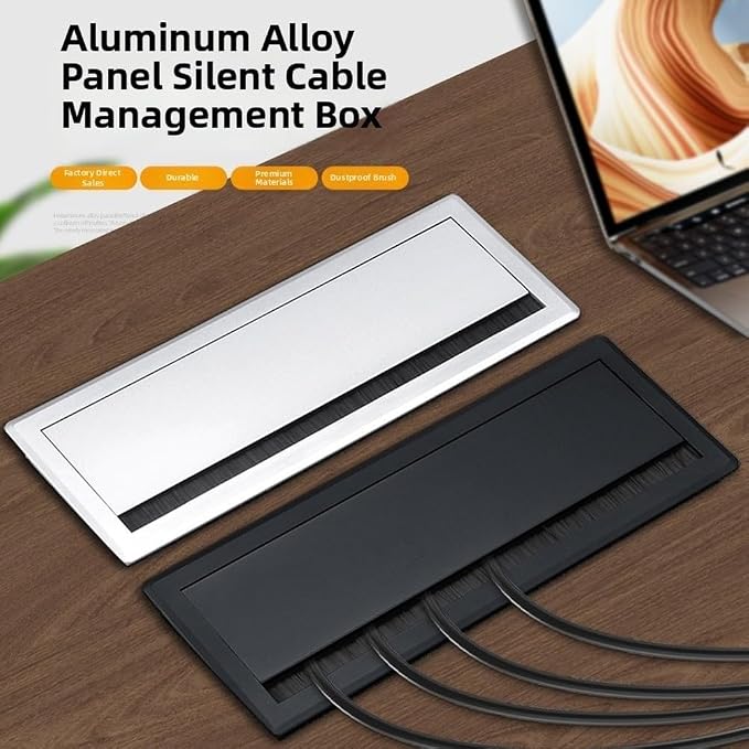 Aluminum Alloy Cable Management Box with Dustproof Brush, Silent Buffered Flip Lid Desk Wire Organizer, Embedded Mounting Desktop Cord Hider, Silver(White lid)