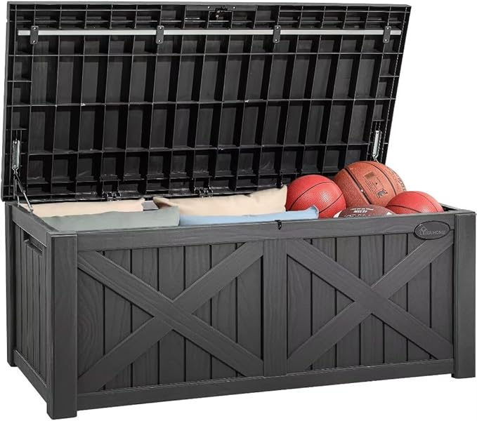 YITAHOME 150 Gallon Large Deck Box with X-Shaped Front, Resin Outdoor Storage Boxes, Waterproof Cushion Storage Bench for Patio, Pool Supplies, Garden Tools - Lockable, Dark Gray