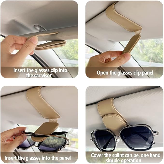 2Pcs Sunglass Holder for Car, Magnetic Leather Eyeglass Hanger Clip for Car Sun Visor, Sunglasses Holder and Ticket Card Clip for Car Visor Accessories (Beige)