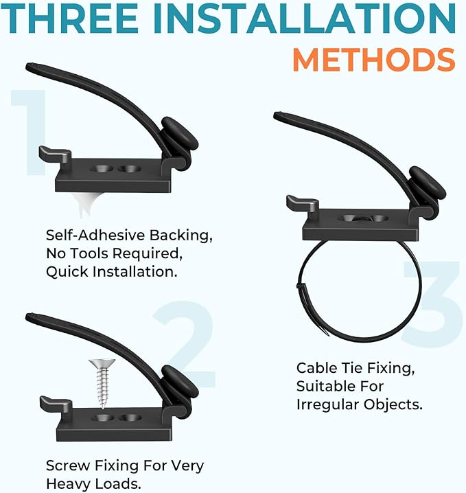 Kanemc Cable Clips Management Kit, 15 Cable Holder With Silicone Cord Ties, 15 Nylon Zip Tie, Extra 15 Screws & 8 Adjustable Cable Straps For Workspace Organizers PV Computer TV Under Desk Wire Setup