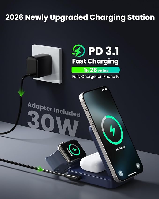 3 in 1 Wireless Charger Charging Station for iPhone,Travel Foldable Magnetic 15W Fast Wireless Charger Stand for Mag-Safe with 30W USB C Adapter for iPhone 17/16/15/14/13/12,Apple Watch,AirPods