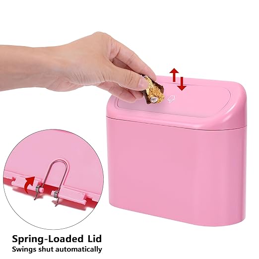 Ginsco Mini Car Trash Can with Lid, Small Car Garbage Can, Cute Leakproof ABS Car Trash Bin, Car Accessories for Interior, Garbage Bin for Car, Home, Office with 60pcs Trash Bags Pink
