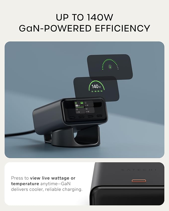Satechi ChargeView??140W Desktop Charger, GaN Charging Station with Live Power Display, Four USB-C Ports, Designed for Modern Workspaces, Space Black
