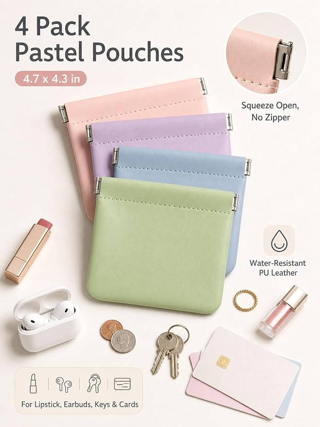 Small Pouches for Purse Organization, 4.7in Self-Closing Snap Makeup Bag Small Purse Pouch for Cosmetics, Lipstick, Portable Travel Makeup Jewelry Organizer(Macaron)