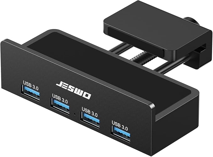 USB Hub 3.0, JESWO Clamp USB Hub with Extra Power Supply Port, Aluminum 4-Port USB 3.0 Extender Hub with 4.92ft Cable for Monitors, Desks, PC, Laptop, XPS, USB-Flash Drives, etc.