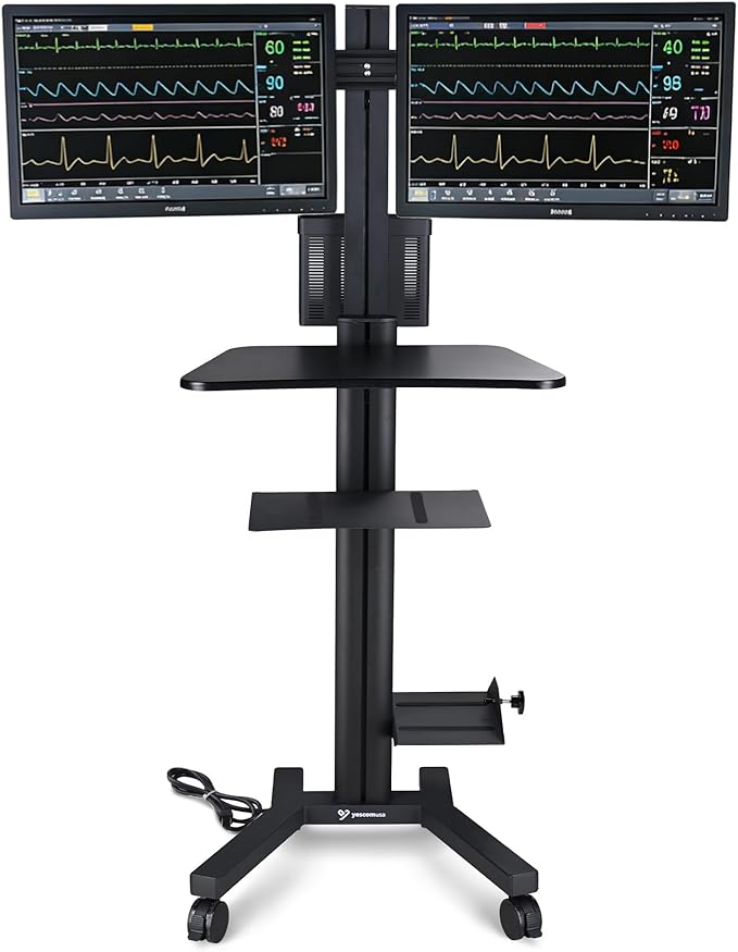 AW 32" Mobile PC Stand Workstation, Height Adjustable Dual Monitor Mount, Rolling Computer Cart on Wheels, Black